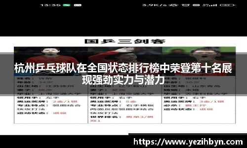 杭州乒乓球队在全国状态排行榜中荣登第十名展现强劲实力与潜力